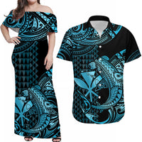 Matching Outfits For Couples Hawaii Hammerhead Shark Combo Dress And Hawaiian Shirt Polynesian Kakau With Kanaka Turquoise - Wonder Print Shop
