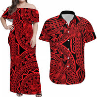 Matching Outfits For Couples Polynesia Combo Dress and Hawaiian Shirt Tattoo Plumeria Red - Wonder Print Shop
