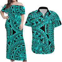 Matching Outfits For Couples Polynesia Combo Dress and Hawaiian Shirt Tattoo Plumeria Turquoise - Wonder Print Shop