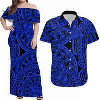 Matching Outfits For Couples Polynesia Combo Dress and Hawaiian Shirt Tattoo Plumeria Blue - Wonder Print Shop
