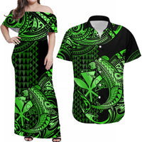 Matching Outfits For Couples Hawaii Hammerhead Shark Combo Dress And Hawaiian Shirt Polynesian Kakau With Kanaka Green - Wonder Print Shop
