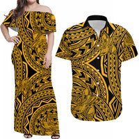 Matching Outfits For Couples Polynesia Combo Dress and Hawaiian Shirt Tattoo Plumeria Gold - Wonder Print Shop