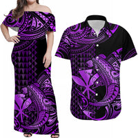 Personalised Matching Outfits For Couples Hawaii Hammerhead Shark Combo Dress And Hawaiian Shirt Polynesian Kakau With Kanaka Purple - Wonder Print Shop
