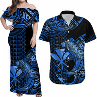 Matching Outfits For Couples Hawaii Hammerhead Shark Combo Dress And Hawaiian Shirt Polynesian Kakau With Kanaka Blue - Wonder Print Shop