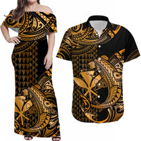 Matching Outfits For Couples Hawaii Hammerhead Shark Combo Dress And Hawaiian Shirt Polynesian Kakau With Kanaka Gold - Wonder Print Shop