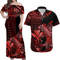 Matching Outfits For Couples Hawaii Hammerhead Shark Combo Dress And Hawaiian Shirt Polynesian Kakau With Kanaka Red - Wonder Print Shop