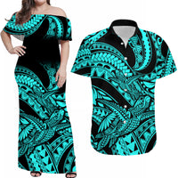 Matching Outfits For Couples Polynesian Combo Dress And Hawaiian Shirt Tribal Mix Turtle Turquoise Version - Wonder Print Shop