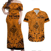 Matching Couple Outfit Polynesian Father's Day Gift For Dad Combo Off Long Dress and Hawaiian Shirt Super Father In The World - Gold Polynesian Pattern LT9 - Wonder Print Shop
