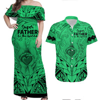 Matching Couple Outfit Polynesian Father's Day Gift For Dad Combo Off Long Dress and Hawaiian Shirt Super Father In The World - Green Polynesian Pattern LT9 - Wonder Print Shop