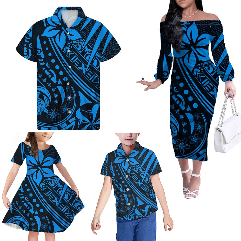 Polynesian Family Matching Outfits Hawaii Turtle Pineapple Blue Off Shoulder Long Sleeve Dress And Shirt Family Set Clothes