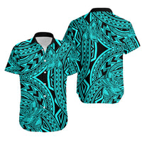 Matching Outfits For Couples Polynesia Combo Dress and Hawaiian Shirt Tattoo Plumeria Turquoise - Wonder Print Shop