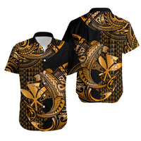 Matching Outfits For Couples Hawaii Hammerhead Shark Combo Dress And Hawaiian Shirt Polynesian Kakau With Kanaka Gold - Wonder Print Shop