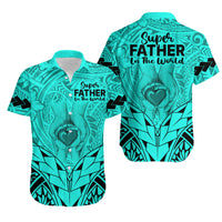 Matching Couple Outfit Polynesian Father's Day Gift For Dad Combo Off Long Dress and Hawaiian Shirt Super Father In The World - Turquoise Polynesian Pattern LT9 - Wonder Print Shop