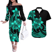 Polynesian Couple Outfits Plumeria Flowers Couples Long Sleeve Dress and Hawaiian Shirt Polynesian Tribal Aqua Vibe LT9 - Wonder Print Shop