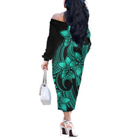 Polynesian Couple Outfits Plumeria Flowers Couples Long Sleeve Dress and Hawaiian Shirt Polynesian Tribal Aqua Vibe LT9 - Wonder Print Shop