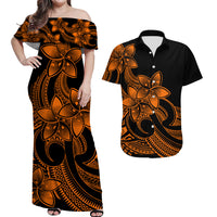 Polynesian Couple Outfits Plumeria Flowers Couples Long Dress and Hawaiian Shirt Polynesian Tribal Gold Vibe LT9 - Wonder Print Shop