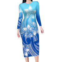 Polynesian Couple Outfits Plumeria Flowers Couples Bodycon Dress Hawaiian Shirt Polynesian Tribal Gradient Blue LT9 - Wonder Print Shop