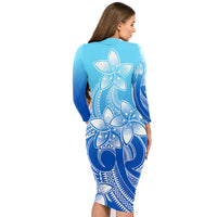 Polynesian Couple Outfits Plumeria Flowers Couples Bodycon Dress Hawaiian Shirt Polynesian Tribal Gradient Blue LT9 - Wonder Print Shop