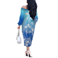 Polynesian Couple Outfits Plumeria Flowers Couples Long Sleeve Dress and Hawaiian Shirt Polynesian Tribal Gradient Blue LT9 - Wonder Print Shop