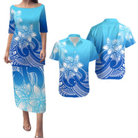 Polynesian Couple Outfits Plumeria Flowers Puletasi Dress and Hawaiian Shirt Polynesian Tribal Gradient Blue LT9 - Wonder Print Shop