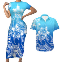 Polynesian Couple Outfits Plumeria Flowers Short Sleeve Body Long Dress and Hawaiian Shirt Polynesian Tribal Gradient Blue LT9 - Wonder Print Shop