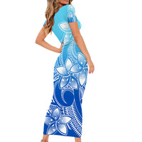 Polynesian Couple Outfits Plumeria Flowers Short Sleeve Body Long Dress and Hawaiian Shirt Polynesian Tribal Gradient Blue LT9 - Wonder Print Shop