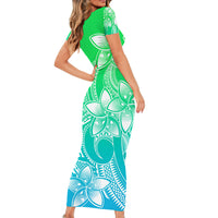 Polynesian Couple Outfits Plumeria Flowers Short Sleeve Body Long Dress and Hawaiian Shirt Polynesian Tribal Gradient Green LT9 - Wonder Print Shop