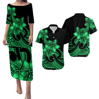 Polynesian Couple Outfits Plumeria Flowers Puletasi Dress and Hawaiian Shirt Polynesian Tribal Green Vibe LT9 - Wonder Print Shop