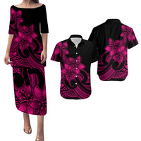 Polynesian Couple Outfits Plumeria Flowers Puletasi Dress and Hawaiian Shirt Polynesian Tribal Pink Vibe LT9 - Wonder Print Shop