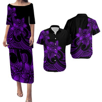 Polynesian Couple Outfits Plumeria Flowers Puletasi Dress and Hawaiian Shirt Polynesian Tribal Purple Vibe LT9 - Wonder Print Shop