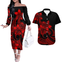 Polynesian Couple Outfits Plumeria Flowers Couples Long Sleeve Dress and Hawaiian Shirt Polynesian Tribal Red Vibe LT9 - Wonder Print Shop
