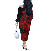 Polynesian Couple Outfits Plumeria Flowers Couples Long Sleeve Dress and Hawaiian Shirt Polynesian Tribal Red Vibe LT9 - Wonder Print Shop