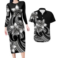 Polynesian Couple Outfits Plumeria Flowers Couples Bodycon Dress Hawaiian Shirt Polynesian Tribal White Vibe LT9 - Wonder Print Shop