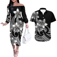 Polynesian Couple Outfits Plumeria Flowers Couples Long Sleeve Dress and Hawaiian Shirt Polynesian Tribal White Vibe LT9 - Wonder Print Shop