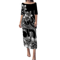 Polynesian Couple Outfits Plumeria Flowers Puletasi Dress and Hawaiian Shirt Polynesian Tribal White Vibe LT9 - Wonder Print Shop