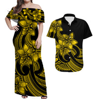 Polynesian Couple Outfits Plumeria Flowers Couples Long Dress and Hawaiian Shirt Polynesian Tribal Yellow Vibe LT9 - Wonder Print Shop