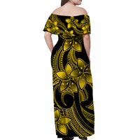Polynesian Couple Outfits Plumeria Flowers Couples Long Dress and Hawaiian Shirt Polynesian Tribal Yellow Vibe LT9 - Wonder Print Shop