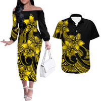 Polynesian Couple Outfits Plumeria Flowers Couples Long Sleeve Dress and Hawaiian Shirt Polynesian Tribal Yellow Vibe LT9 - Wonder Print Shop