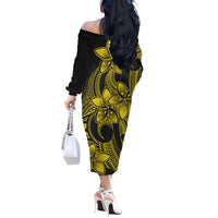 Polynesian Couple Outfits Plumeria Flowers Couples Long Sleeve Dress and Hawaiian Shirt Polynesian Tribal Yellow Vibe LT9 - Wonder Print Shop