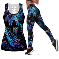 Hollow back tank and leggings, black with blue/purple/pink butterfly and feather pattern
