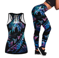 Hollow back tank and leggings, black with teal blue and magenta butterfly feather print