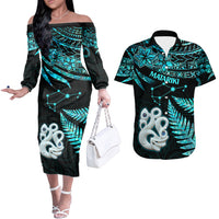 Hawaiian Couple Outfits NZ New Year Couples Long Sleeve Dress and Hawaiian Shirt Manaia with Paua Shell - Aqua LT9 - Wonder Print Shop