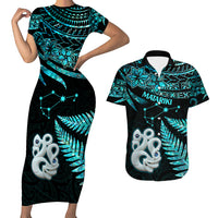 Matching Outfits For Couples Maori Short Sleeve Body Long Dress and Hawaiian Shirt Matariki Stars Manaia with Paua Shell - Aqua LT9 - Wonder Print Shop
