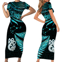 Matching Outfits For Couples Maori Short Sleeve Body Long Dress and Hawaiian Shirt Matariki Stars Manaia with Paua Shell - Aqua LT9 - Wonder Print Shop