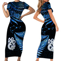Matching Outfits For Couples Maori Short Sleeve Body Long Dress and Hawaiian Shirt Matariki Stars Manaia with Paua Shell - Blue LT9 - Wonder Print Shop