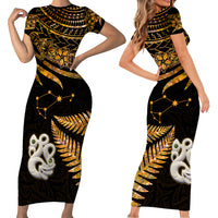 Matching Outfits For Couples Maori Short Sleeve Body Long Dress and Hawaiian Shirt Matariki Stars Manaia with Paua Shell - Gold LT9 - Wonder Print Shop