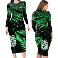 Couples Matching Hawaiian Outfits Matariki New Zealand Couples Bodycon Dress Hawaiian Shirt Manaia with Paua Shell - Green LT9 - Wonder Print Shop