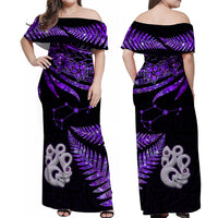 Matching Outfits For Couples Maori Couples Long Dress and Hawaiian Shirt Matariki Stars Manaia with Paua Shell - Purple LT9 - Wonder Print Shop
