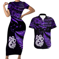 Matching Outfits For Couples Maori Short Sleeve Body Long Dress and Hawaiian Shirt Matariki Stars Manaia with Paua Shell - Purple LT9 - Wonder Print Shop