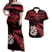 Matching Outfits For Couples Maori Couples Long Dress and Hawaiian Shirt Matariki Stars Manaia with Paua Shell - Red LT9 - Wonder Print Shop